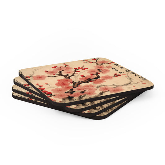 Floral Fusion: Corkwood Coaster Set Merging Cherry Blossom Beauty and Artistic Flower Drawings