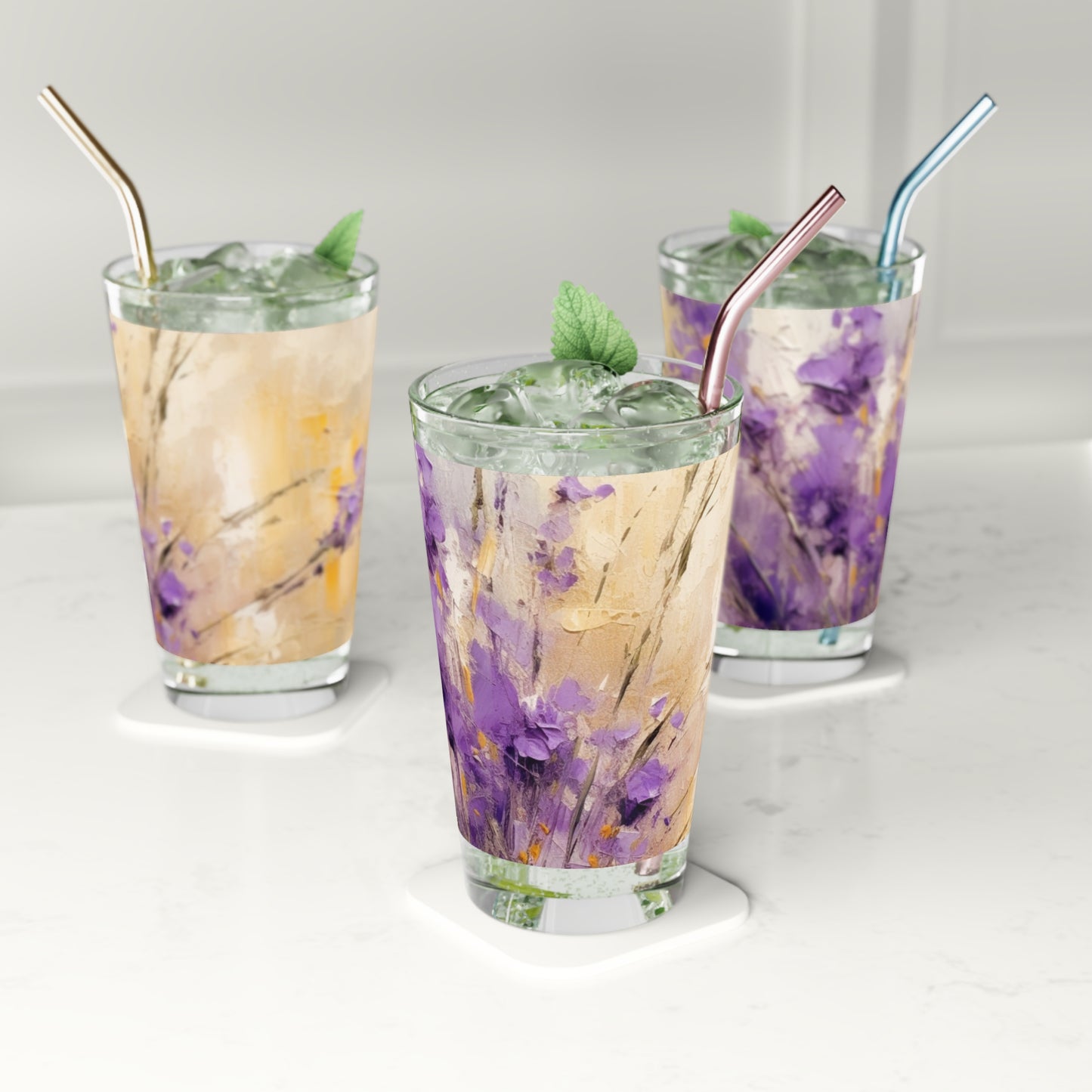 Expressive Lavender Drawing on Pint Glass: A Symphony of Colors and Petals