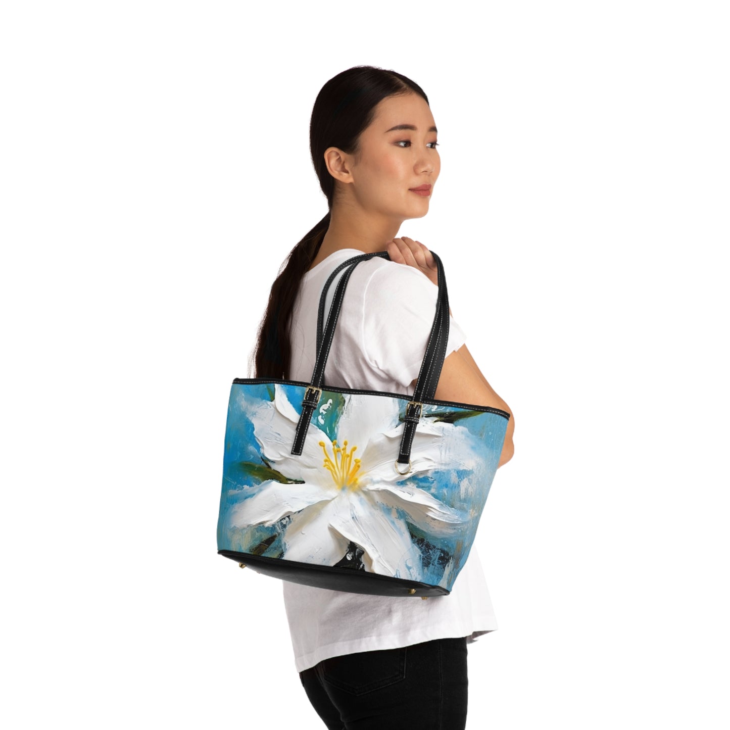 Ethereal Elegance: PU Leather Shoulder Bag featuring an Abstract Oil Painting of Jasmine