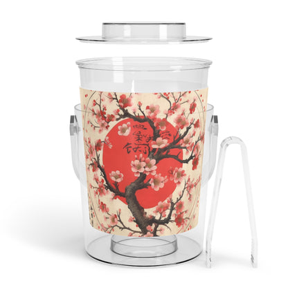 Nature's Brushstrokes: Ice Bucket with Tongs Featuring Captivating Cherry Blossom Drawings