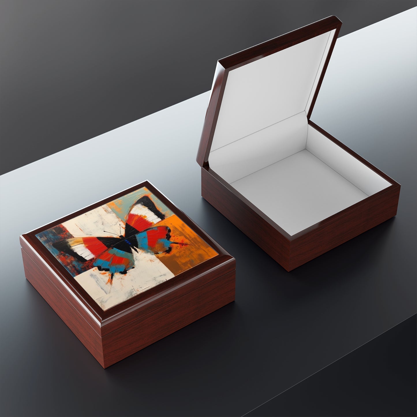 Bauhaus-Inspired Butterfly Symphony: Jewelry Box with Vibrant Colors and Intricate Details