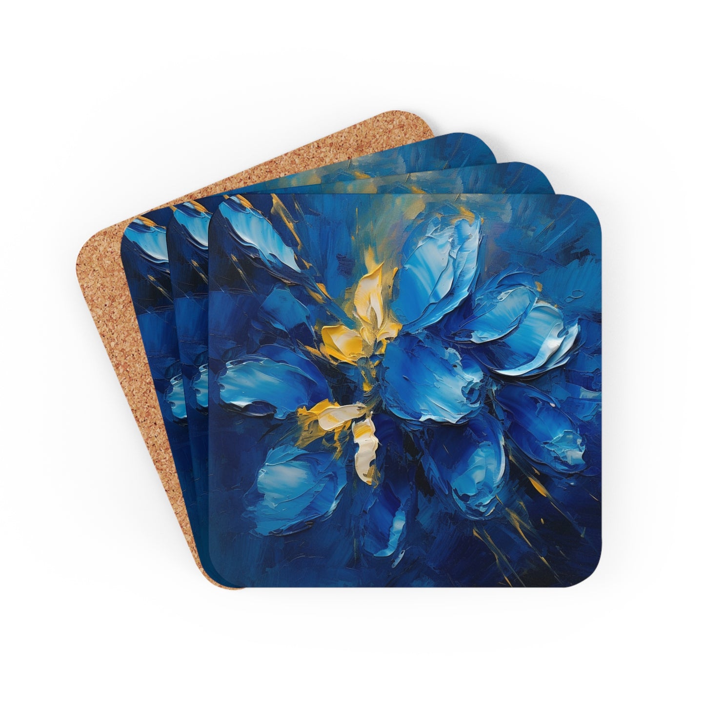 Abstract Wallpaper Corkwood Coaster Set: Immersive Floral Beauty with Blue Orchid Motif