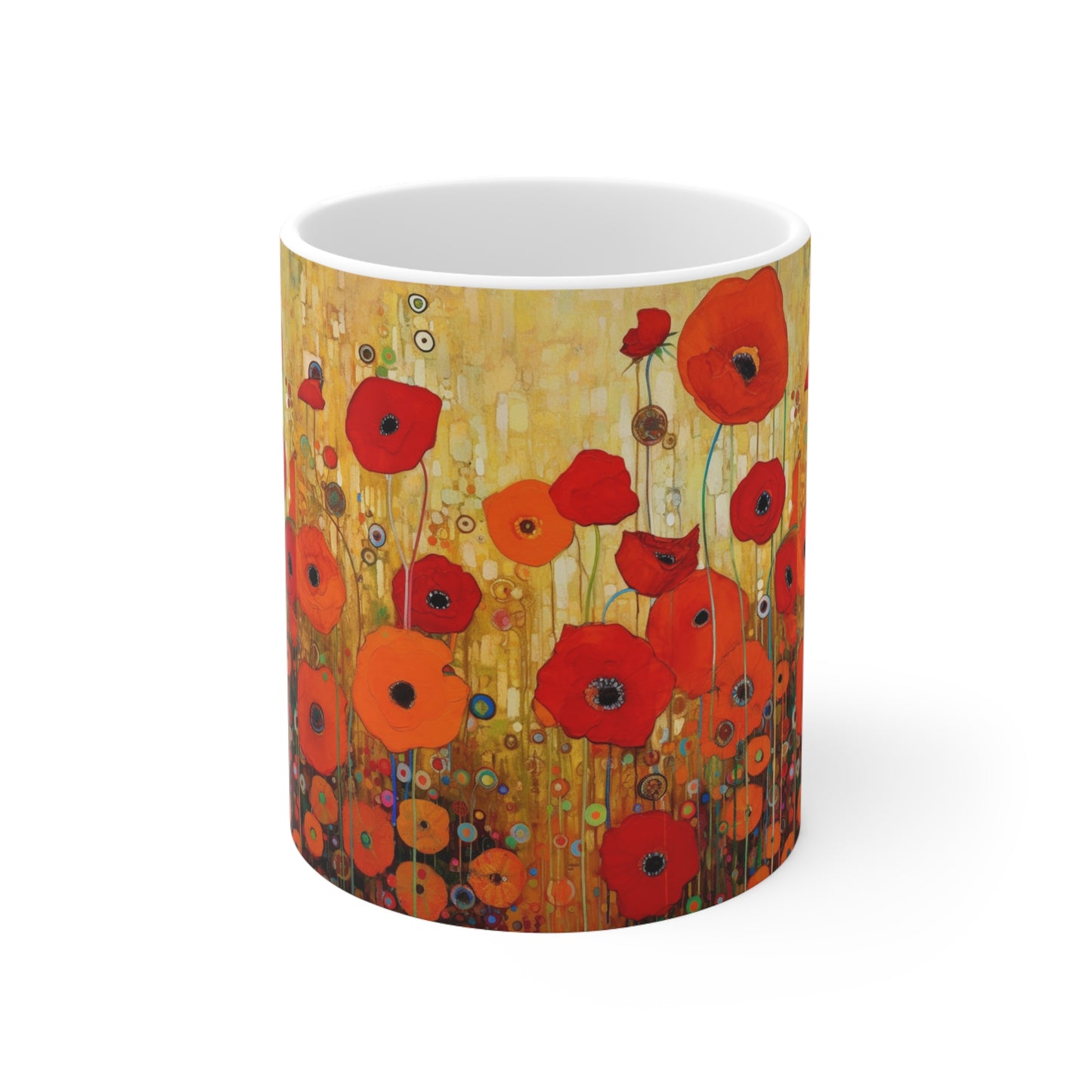 Floral Symphony: Ceramic Mug showcasing Gustav Klimt's Poppies in Art Nouveau