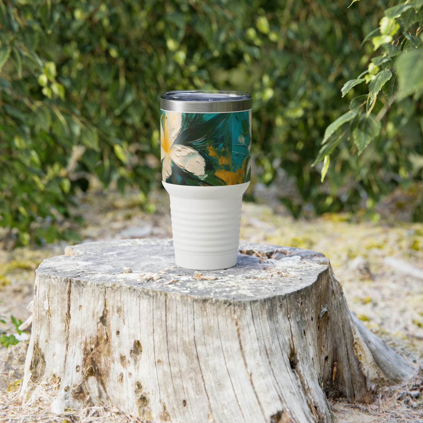 Floral Fusion: Abstract Oil Painting of Jasmine adorning Ringneck Tumbler