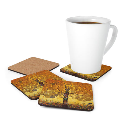 Symbolic Harmony: Gustav Klimt Tree of Life Corkwood Coaster Set, Embrace Artistic Elegance