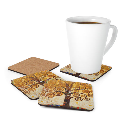 Captivating Artistry: The Tree of Life Corkwood Coaster Set, Inspired by Gustav Klimt's Timeless Masterpiece