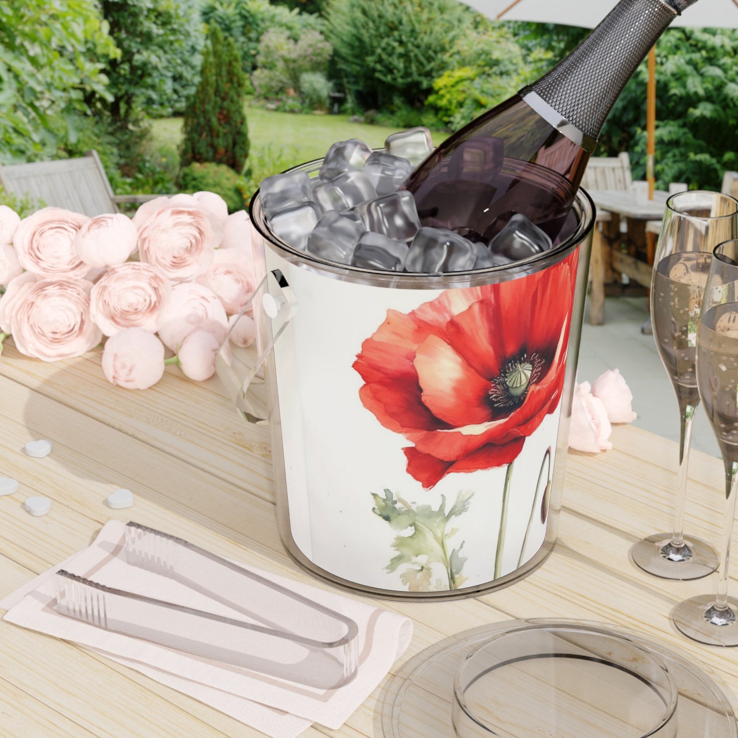 Artistic Watercolor Poppy Ice Bucket with Tongs: Nature's Splendor