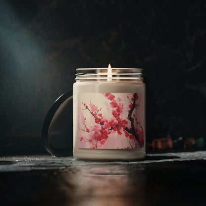 Artistic Floral Elegance: Scented Soy Candle Showcasing Exquisite Cherry Blossom Renderings