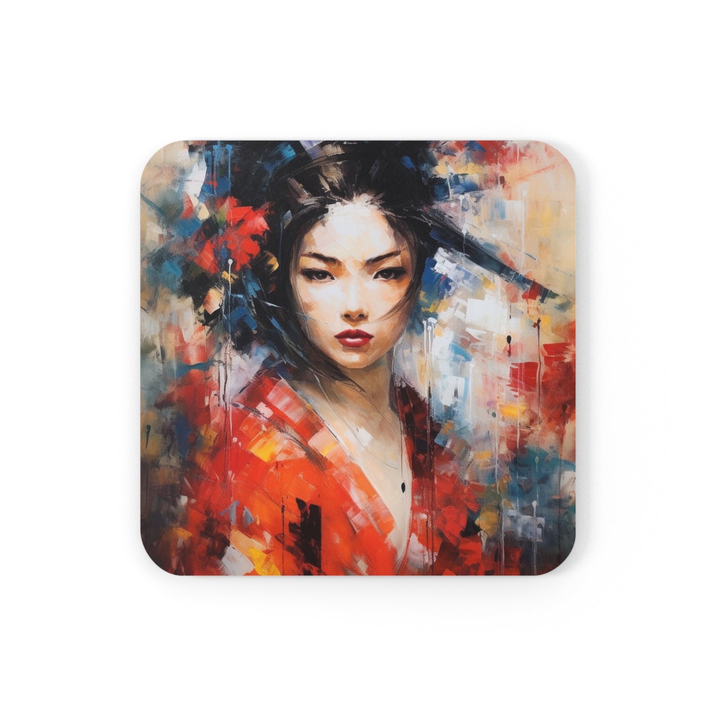 Abstract Geisha Art Corkwood Coaster Set: Captivating Brushstrokes in a Japanese Aesthetic