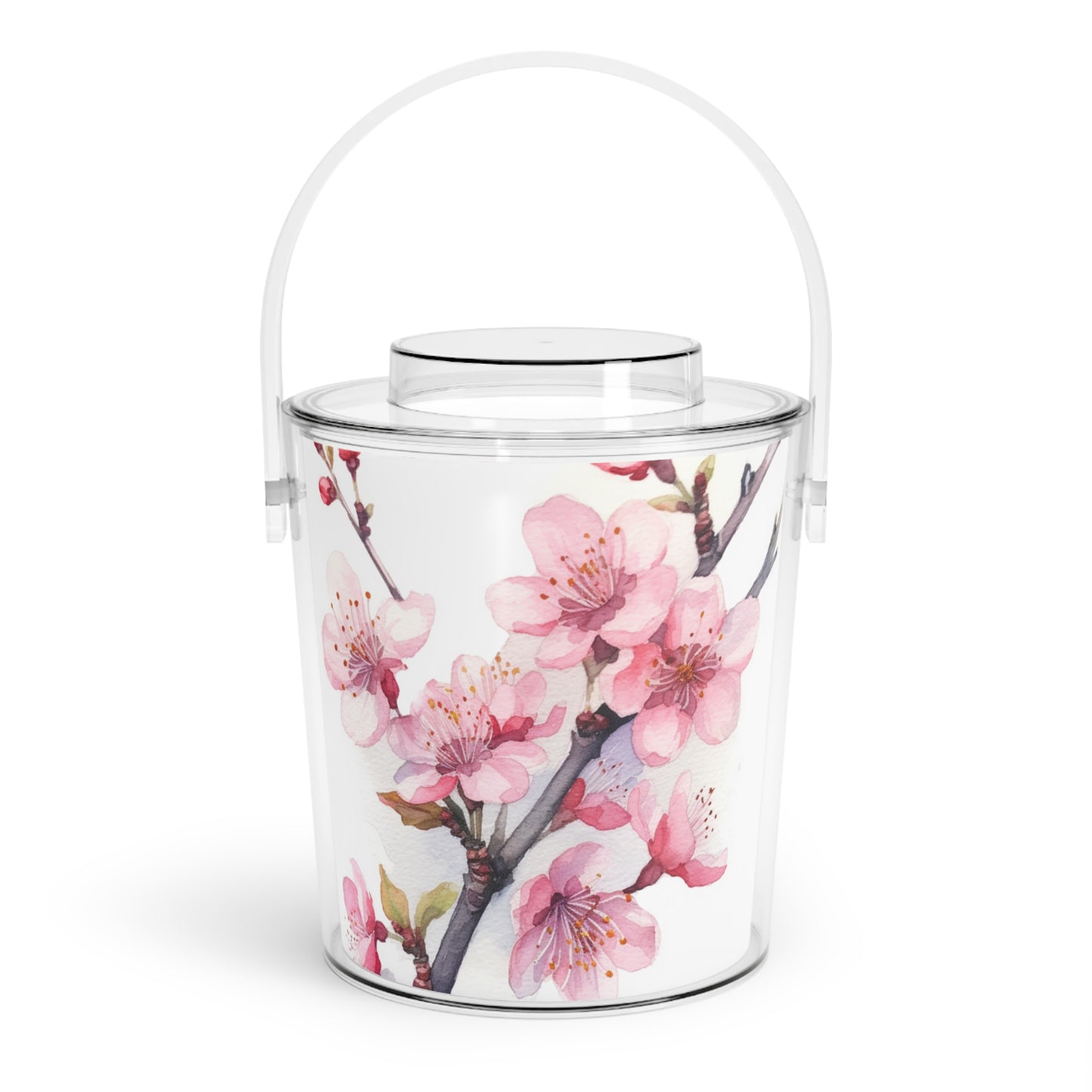 Blossoming Serenity: Watercolor Cherry Blossom Ice Bucket with Tongs