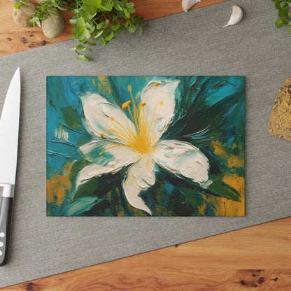 Floral Symphony: Glass Cutting Board featuring an Abstract Oil Painting of Jasmine