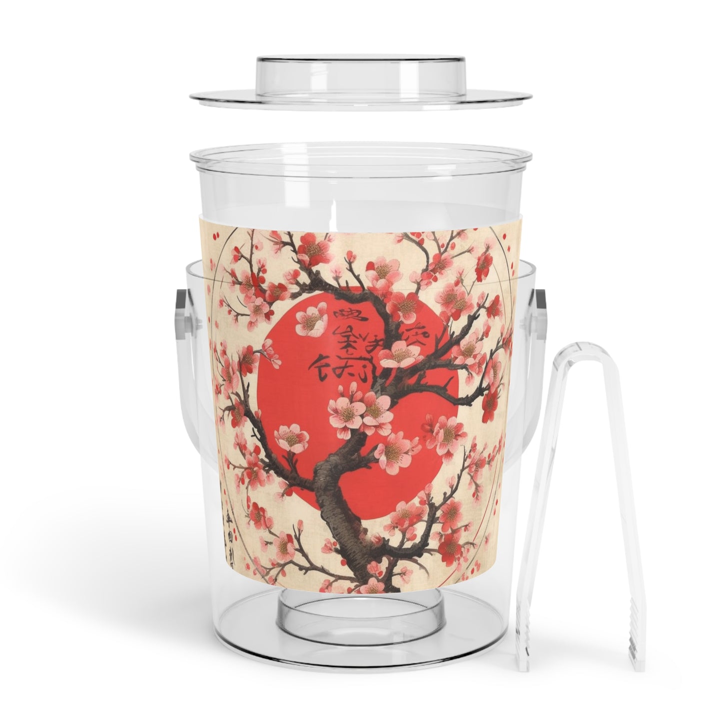 Nature's Brushstrokes: Ice Bucket with Tongs Featuring Captivating Cherry Blossom Drawings