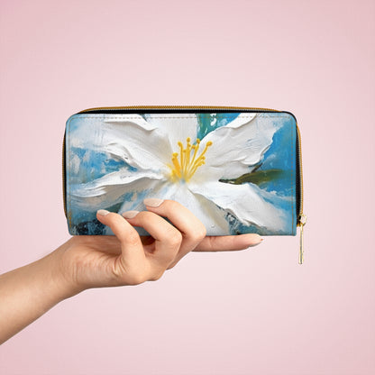 Ethereal Elegance: Zipper Wallet featuring an Abstract Oil Painting of Jasmine