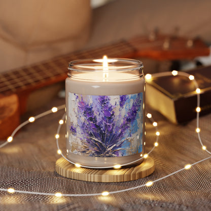 Vibrant Lavender Art on Scented Soy Candle: A Floral Delight for Your Senses