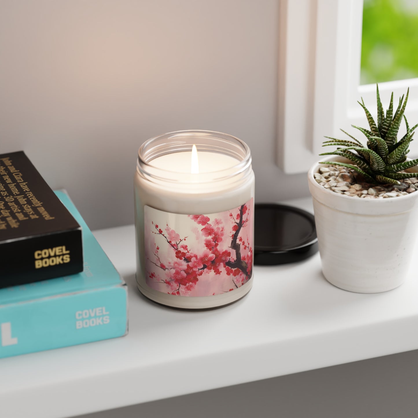 Artistic Floral Elegance: Scented Soy Candle Showcasing Exquisite Cherry Blossom Renderings