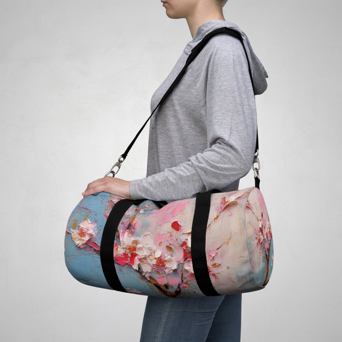 Abstract Backgrounds Duffel Bag: Tranquil Hues and Cherry Blossom Charm