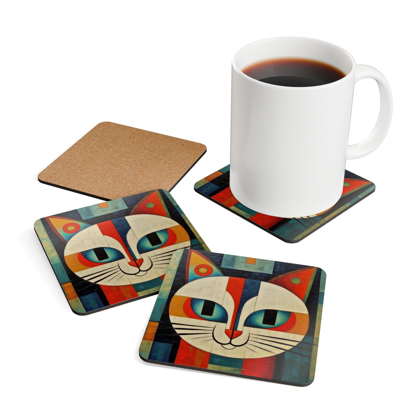 Artistic Vintage Vibes: Picasso-Inspired Midcentury Modern Corkwood Coaster Set for Retro Fashion