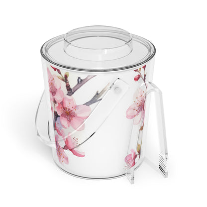 Blossoming Serenity: Watercolor Cherry Blossom Ice Bucket with Tongs