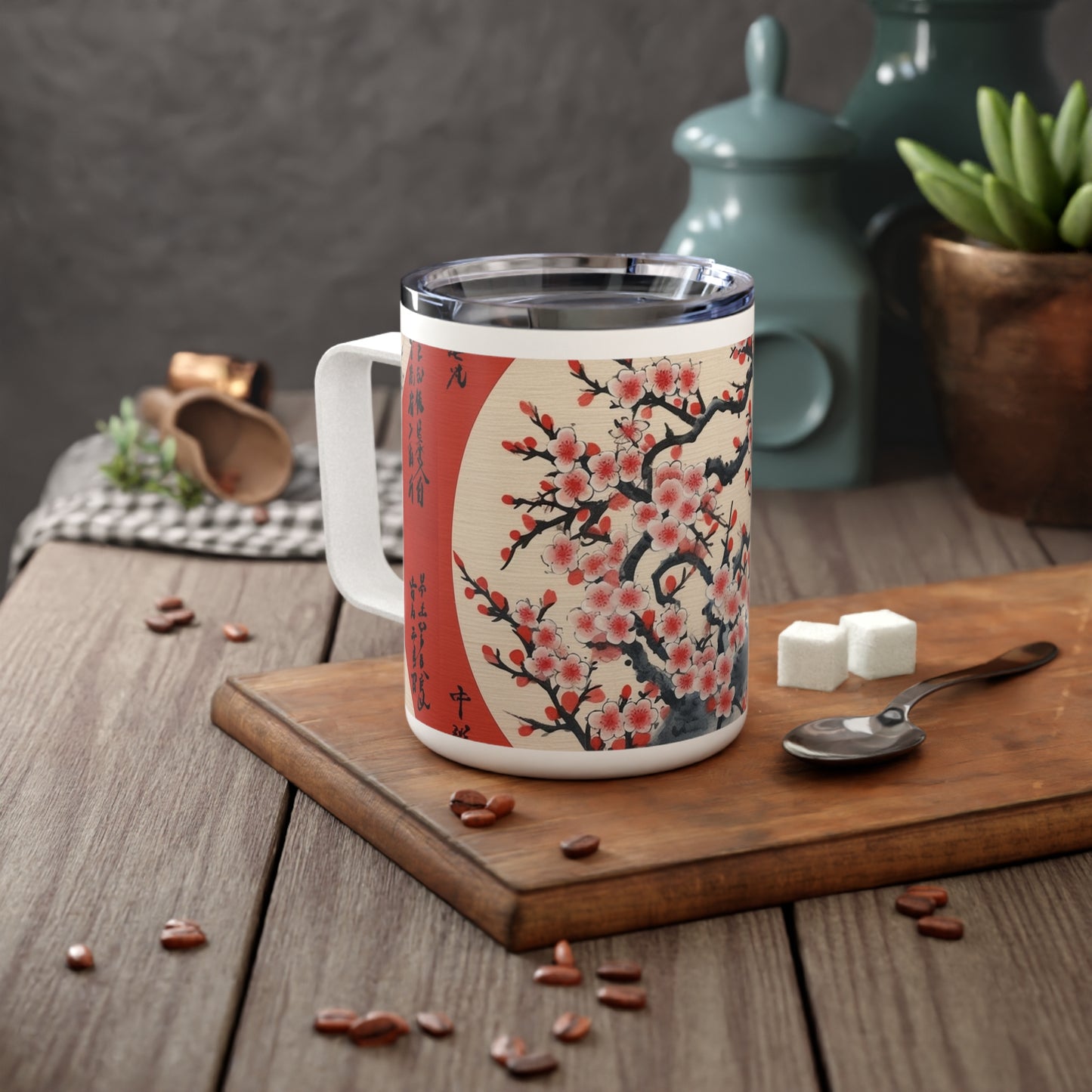 Cherry Blossom Elegance: Flower Drawings on Insulated Coffee Mug for Art Enthusiasts