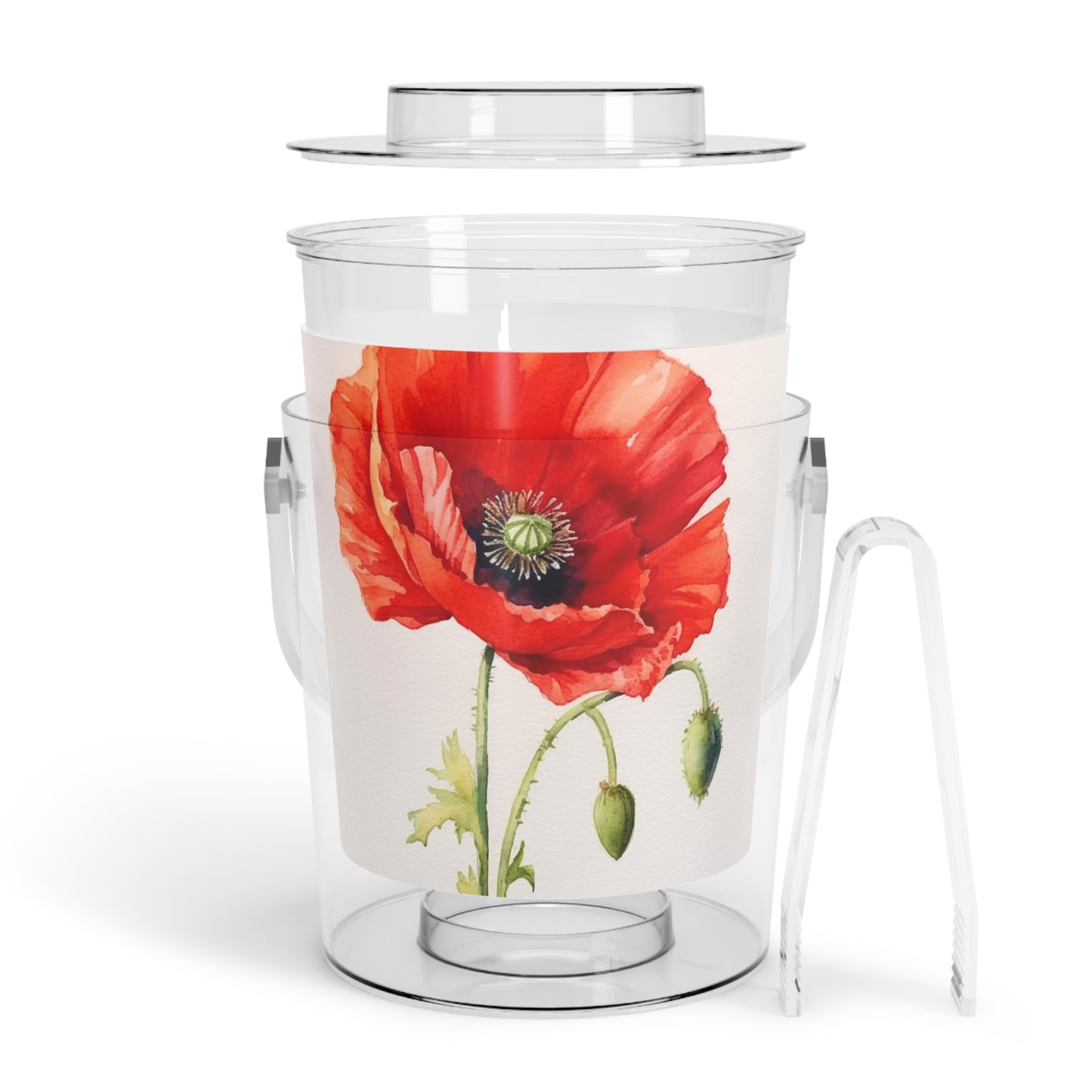 Vibrant Watercolor Poppy Ice Bucket with Tongs: Beauty of Nature