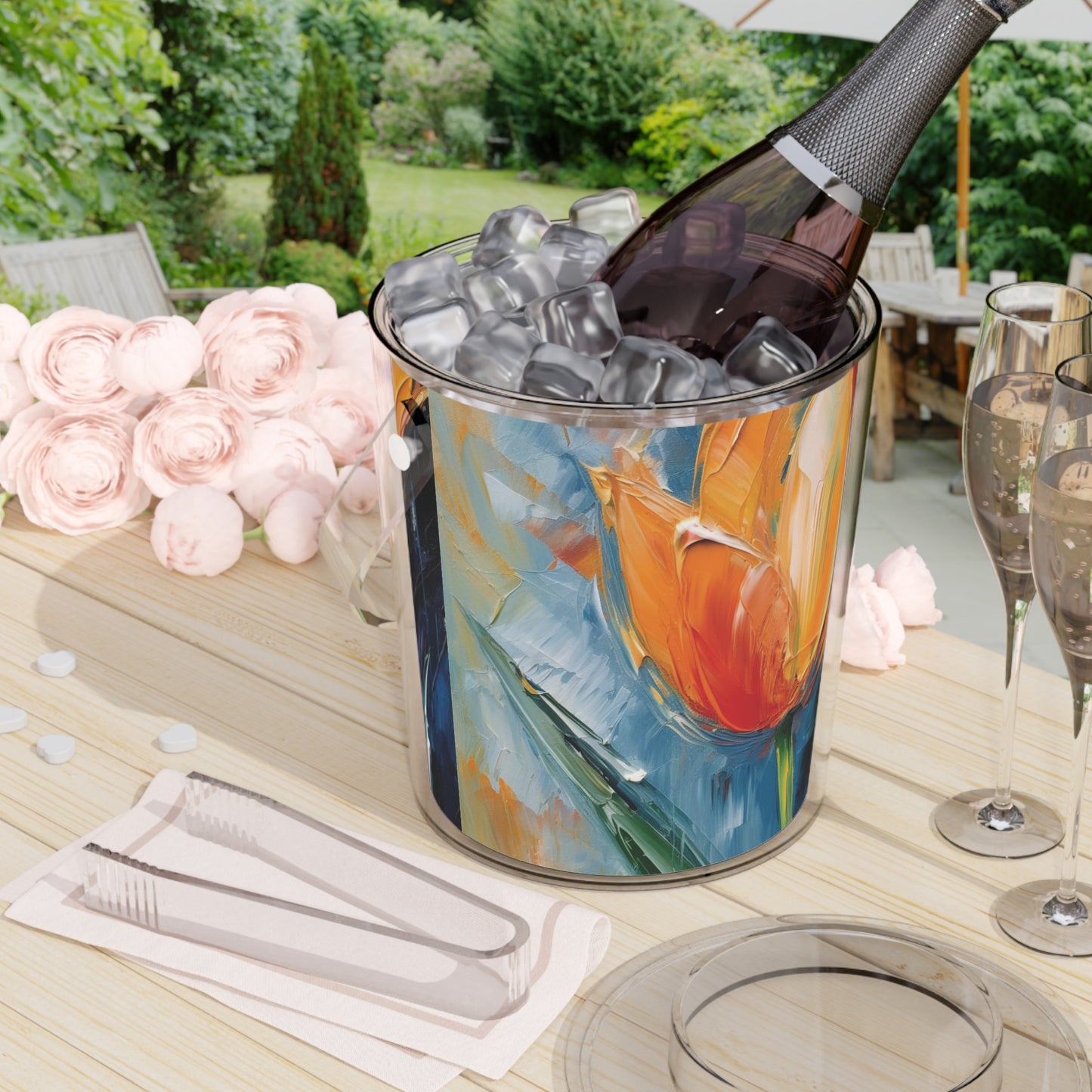 Orange Tulip Magic on Ice Bucket with Tongs: A Blossoming Artistic Delight