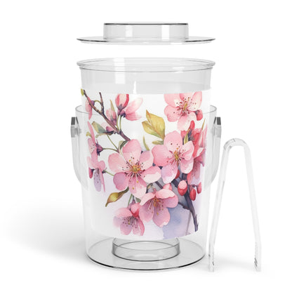 Cherry Blossom Delight: Floral Watercolor Ice Bucket with Tongs