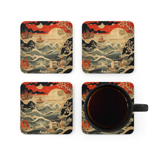 Artistic Fusion - Where Japanese Tapestry Meets the Perfect Corkwood Coaster Set