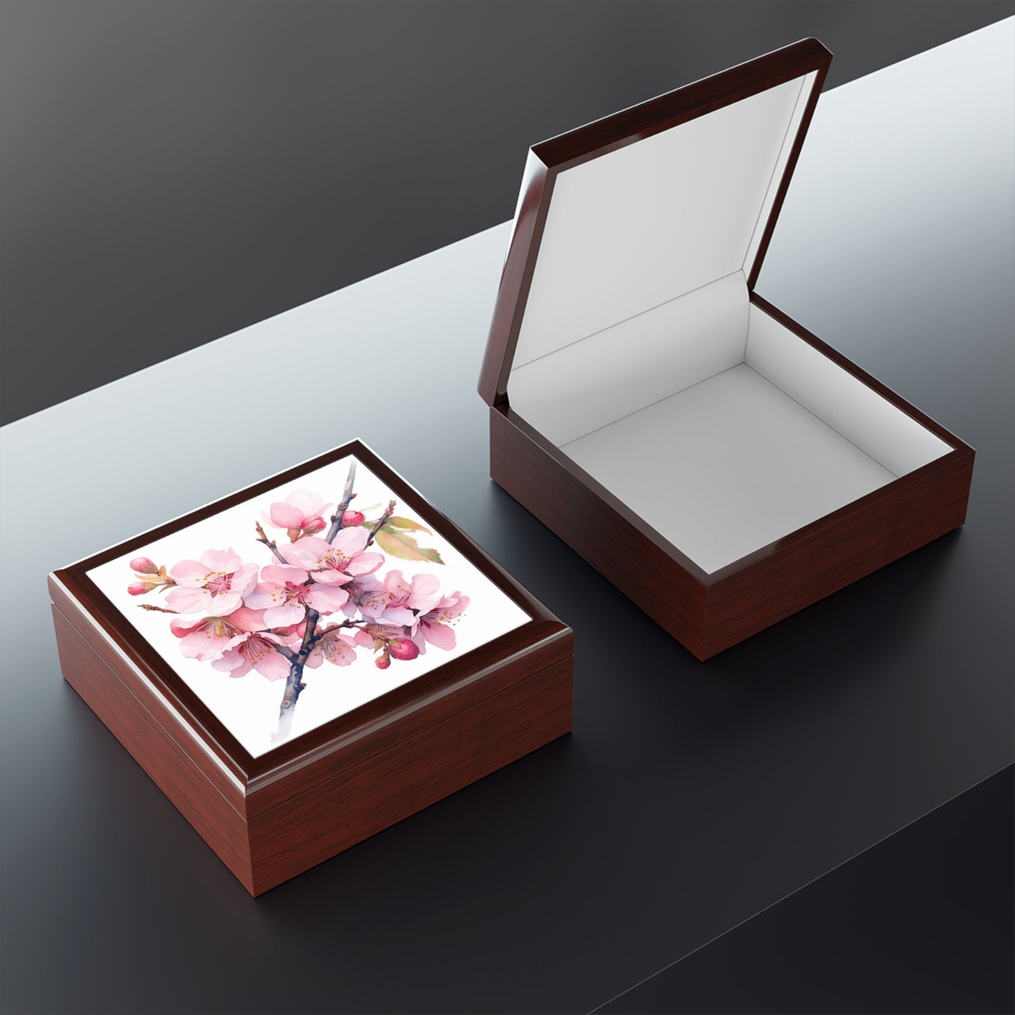 Whimsical Delight: Watercolor Cherry Blossom Tree Jewelry Box