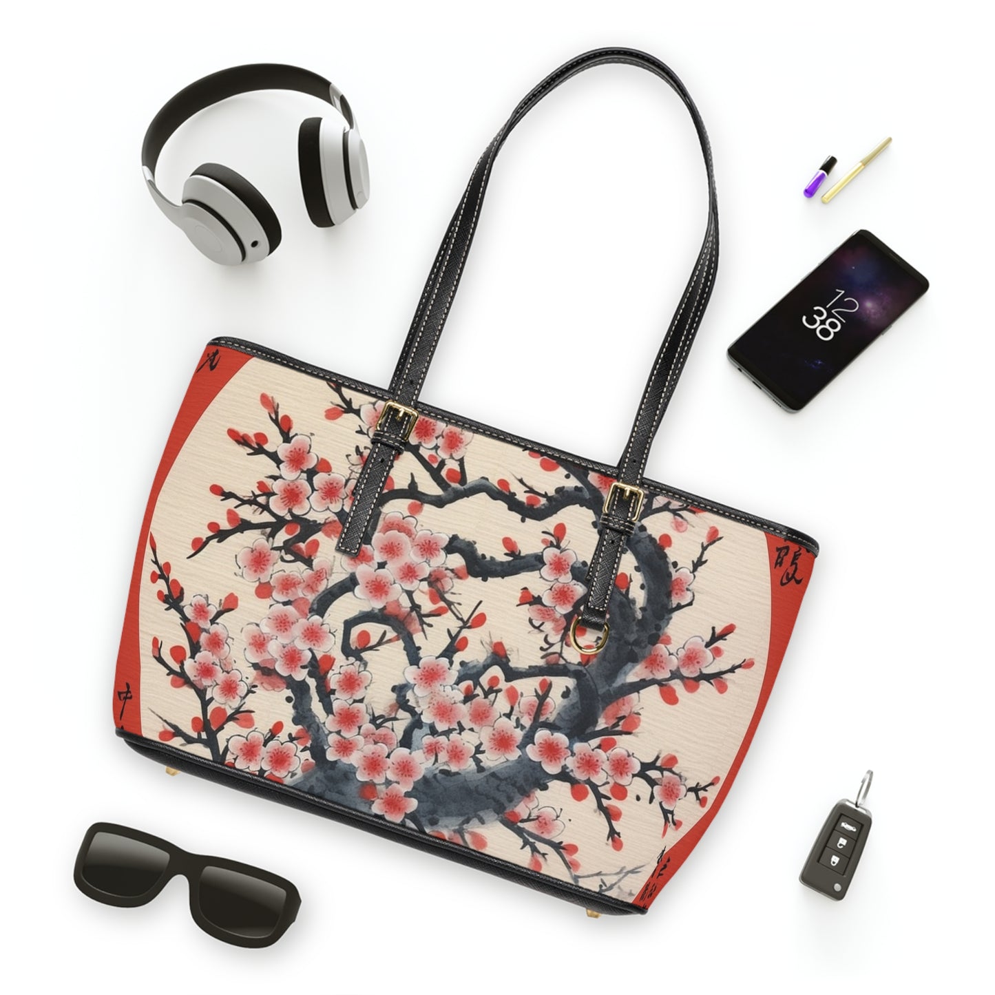 Enchanting Petal Symphony: PU Leather Shoulder Bag Celebrating Cherry Blossom Tree Drawings