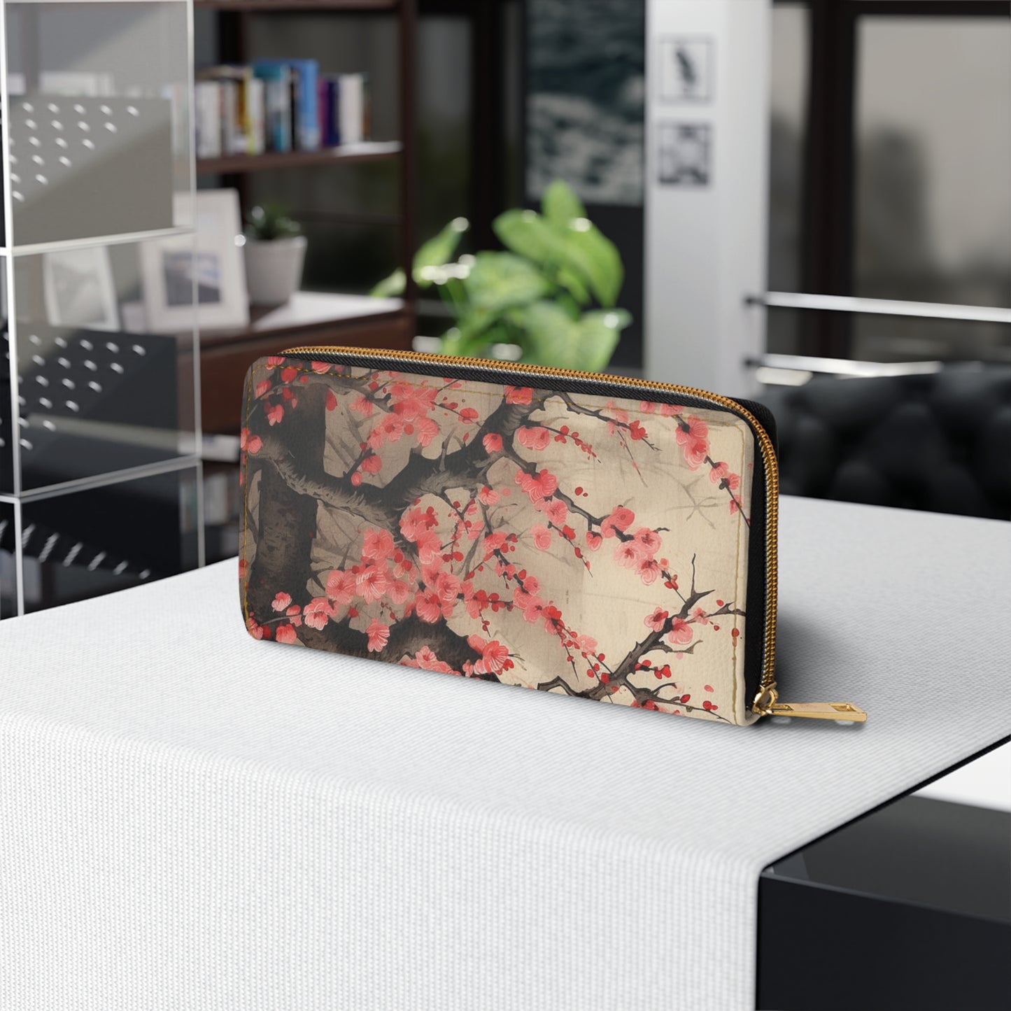 Radiant Blossom Revival: Zipper Wallet Showcasing Vibrant Cherry Blossom Art and Drawings