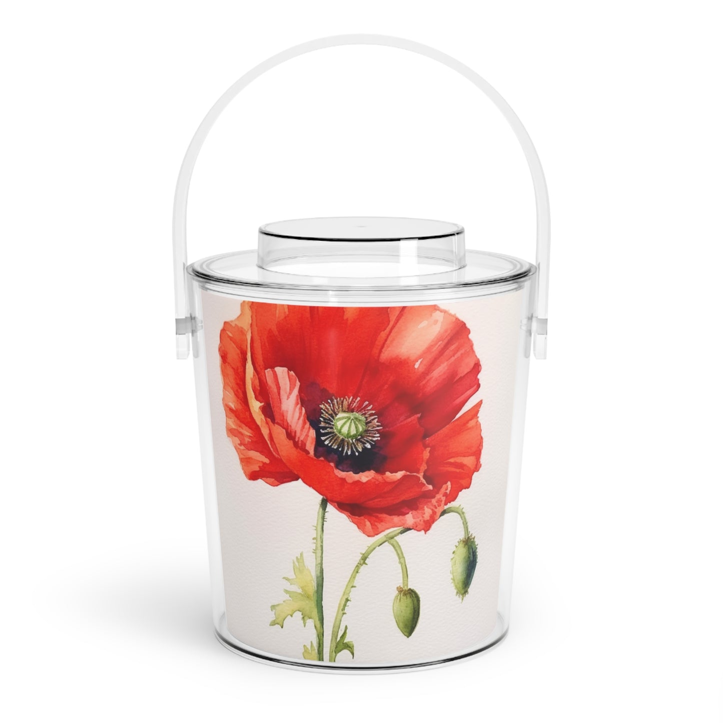 Vibrant Watercolor Poppy Ice Bucket with Tongs: Beauty of Nature