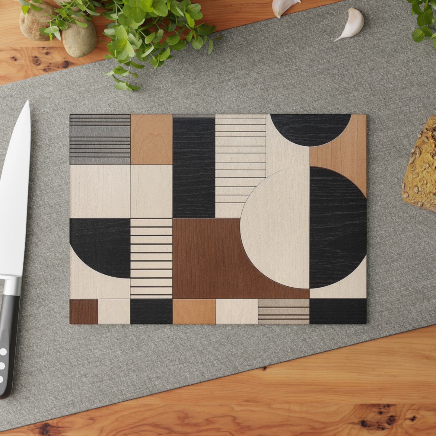 Earthy Elegance: Glass Cutting Board with Wood Veneer Mosaics and Geometric Simplicity