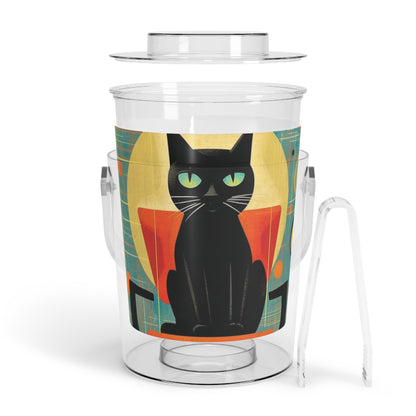 Abstract Cat Expressions: Modern Art-Inspired Midcentury Modern Ice Bucket with Tongs with Timeless Atomic Age Design