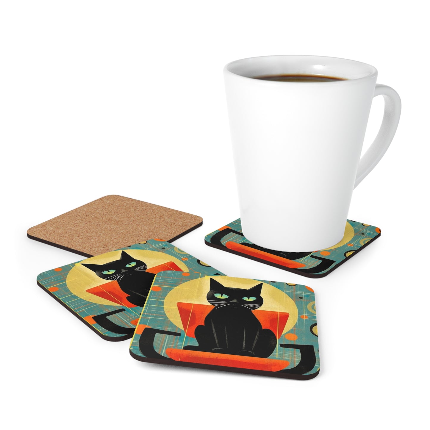 Abstract Cat Expressions: Modern Art-Inspired Midcentury Modern Corkwood Coaster Set with Timeless Atomic Age Design