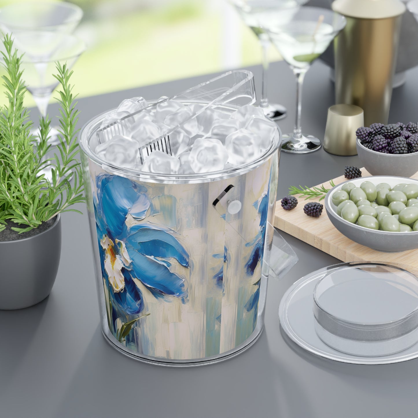 Embrace Artistic Expression with Blue Orchid Abstract Painting Ice Bucket with Tongs