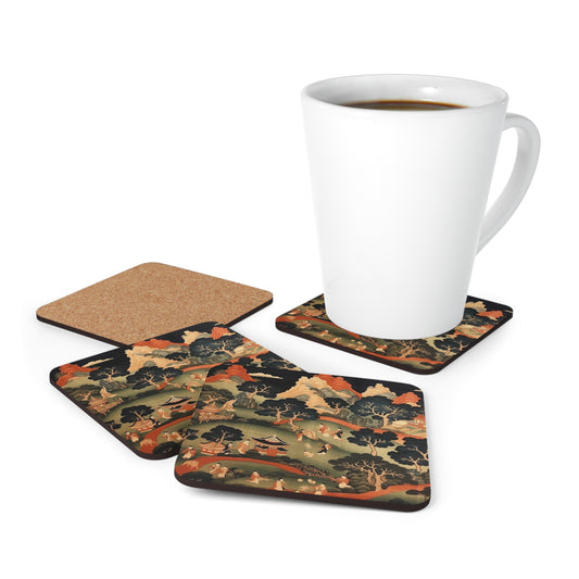 Tapestry Treasures: Japanese-inspired Corkwood Coaster Set for Art Lovers