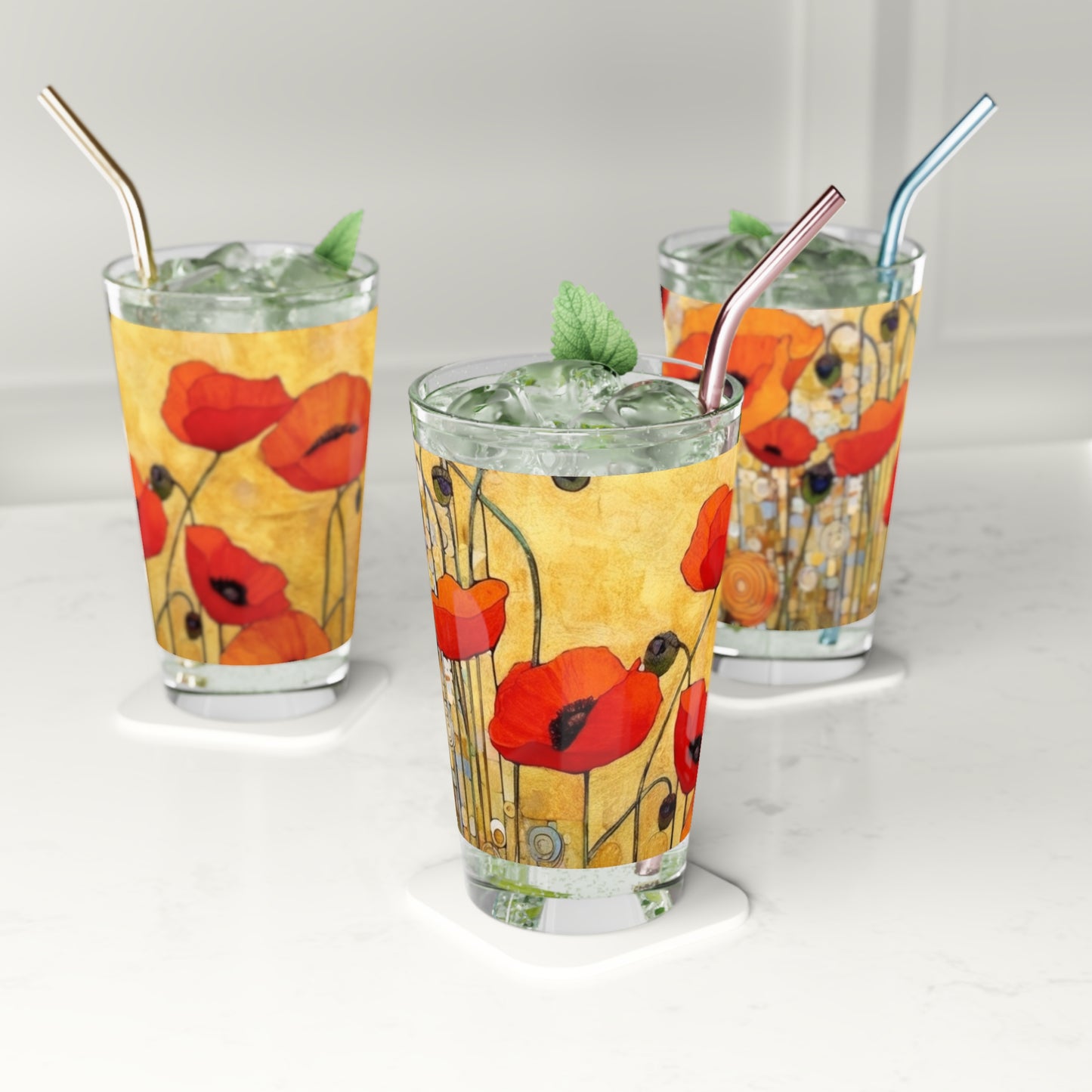 Elevate Your Sip: Pint Glass Adorned with Gustav Klimt's Poppies