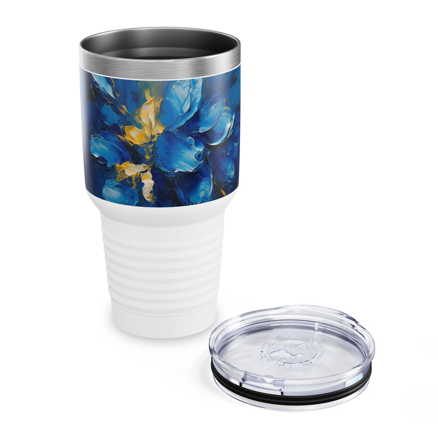 Captivating Artistry: Blue Orchid Abstract Painting Ringneck Tumbler, Discover the Beauty of Abstract Brush Strokes