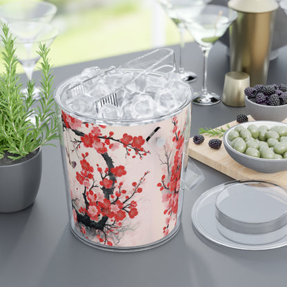 Cherry Blossom Delight: Ice Bucket with Tongs Adorned with Intricate Flower Drawings and Artistry