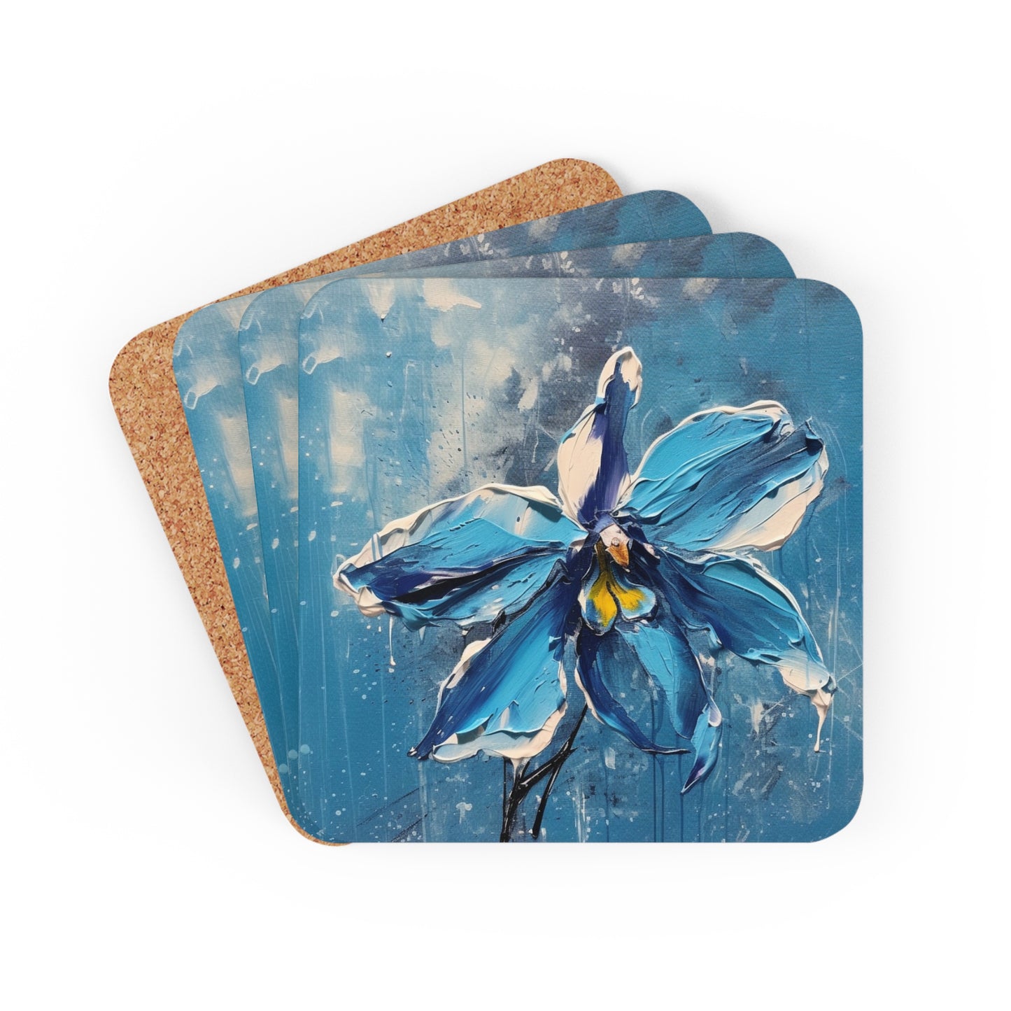 Abstract Backgrounds Corkwood Coaster Set: Blue Orchid Bliss in Artistic Abstraction