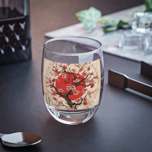 Nature's Brushstrokes: Whiskey Glass Featuring Captivating Cherry Blossom Drawings