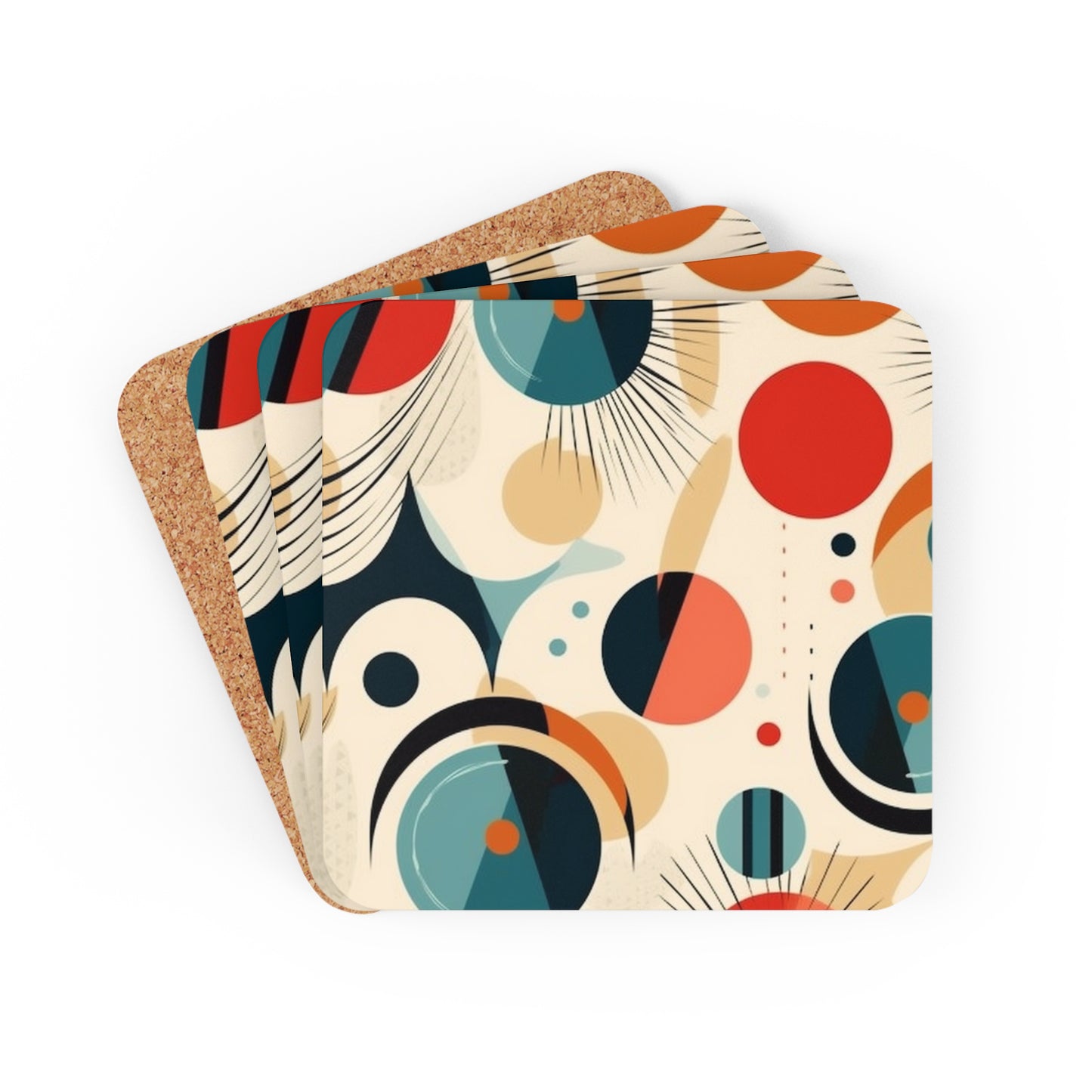 Abstract Elegance: Midcentury Modern Corkwood Coaster Set with Modern Abstract Art and Vintage Fashion