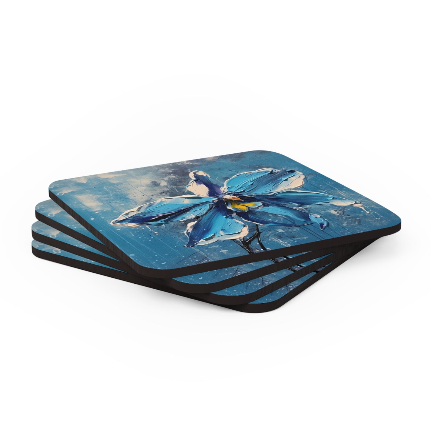 Abstract Backgrounds Corkwood Coaster Set: Blue Orchid Bliss in Artistic Abstraction