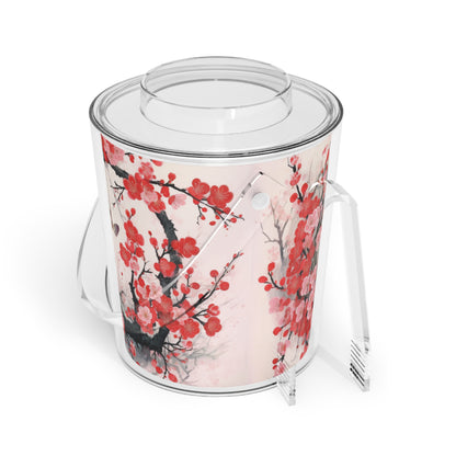 Cherry Blossom Delight: Ice Bucket with Tongs Adorned with Intricate Flower Drawings and Artistry