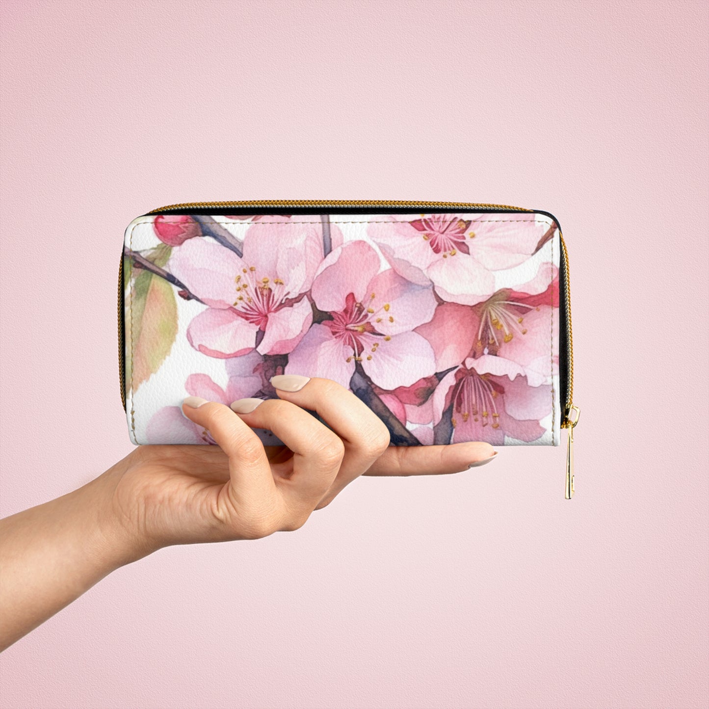 Whimsical Delight: Watercolor Cherry Blossom Tree Zipper Wallet