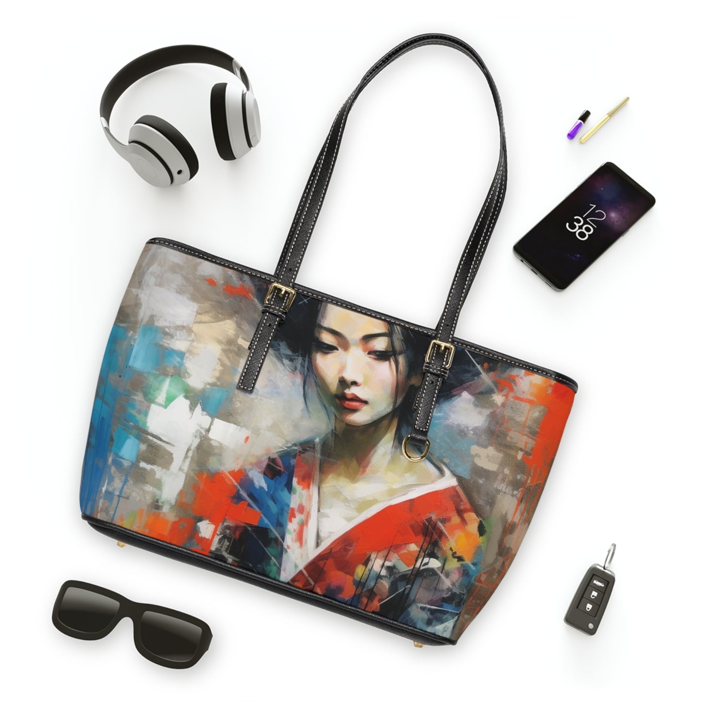 PU Leather Shoulder Bag with Geisha Art: Style with Japanese Artistic Flair