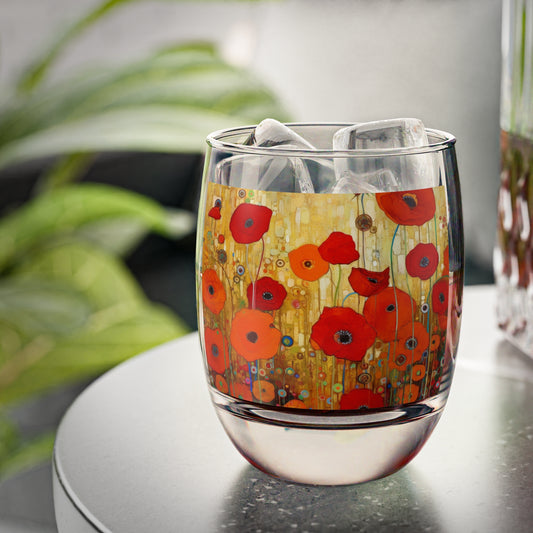 Floral Symphony: Whiskey Glass showcasing Gustav Klimt's Poppies in Art Nouveau