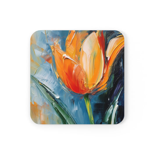 Orange Tulip Magic on Corkwood Coaster Set: A Blossoming Artistic Delight