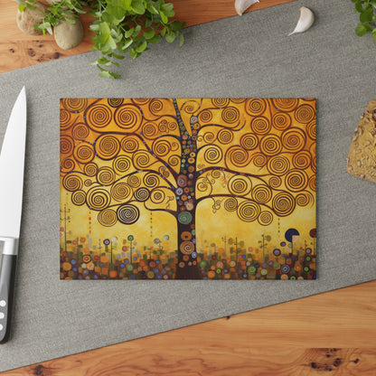 Symbolic Harmony: Gustav Klimt Tree of Life Glass Cutting Board, Embrace Artistic Elegance