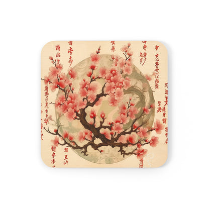 Whimsical Blossom Dreams: Corkwood Coaster Set with Delightful Flower Drawings and Cherry Blossoms